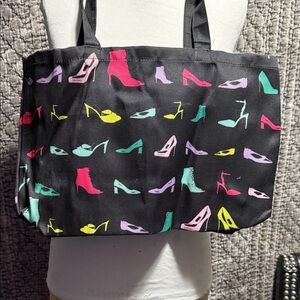 Chic Black Tote Bag with Colorful Shoe Print